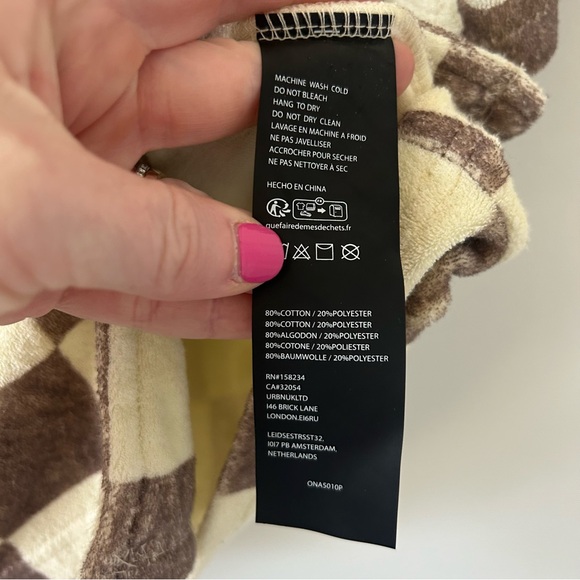 ONA Cream Brown Checkered Terry Oversized Button Down Short Sleeve Top M - Picture 8 of 10